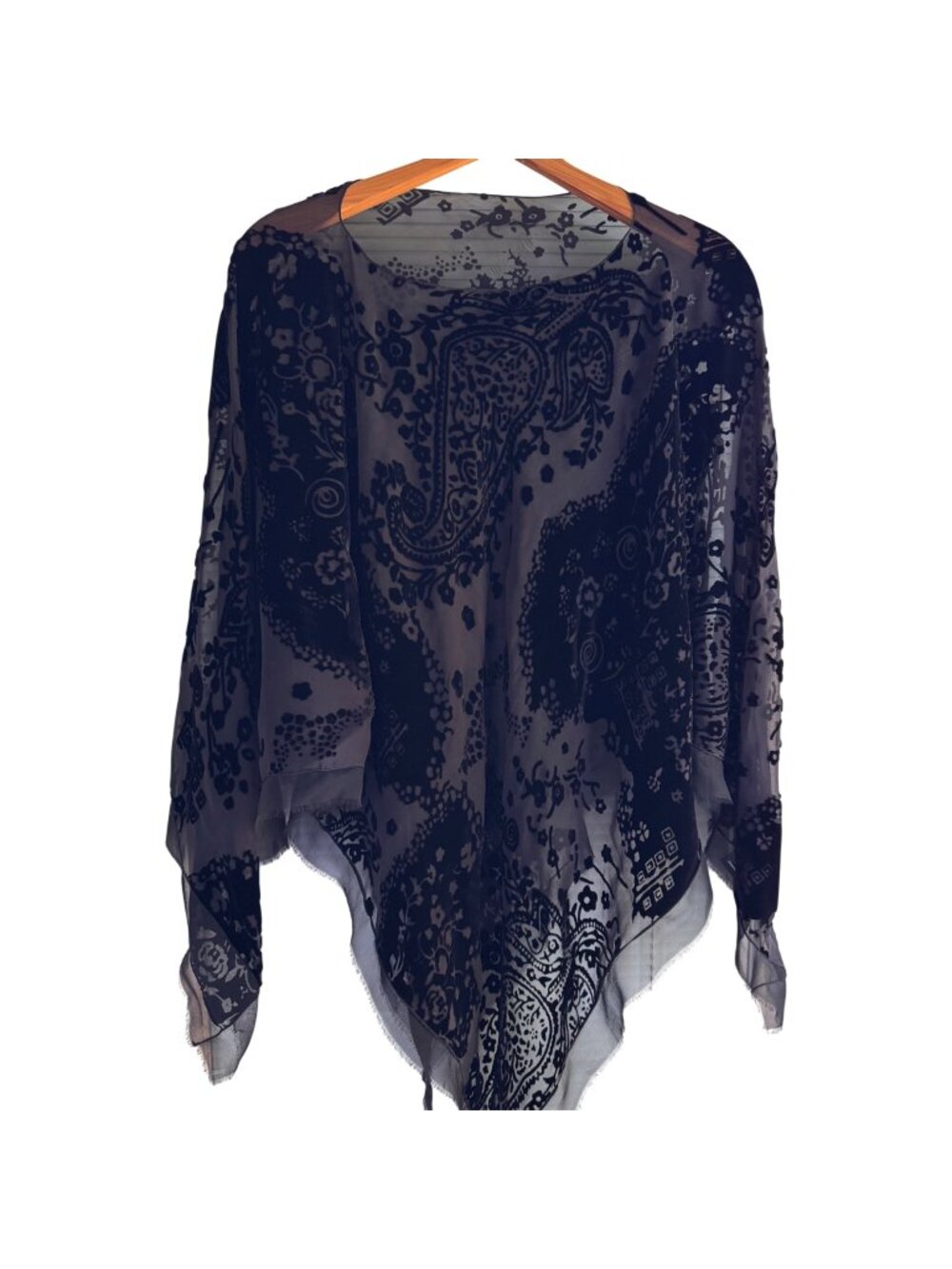 Hand-Painted Womens Sheer Poncho Black Paisley Silk Cut Velvet Boho Lagonlook OS